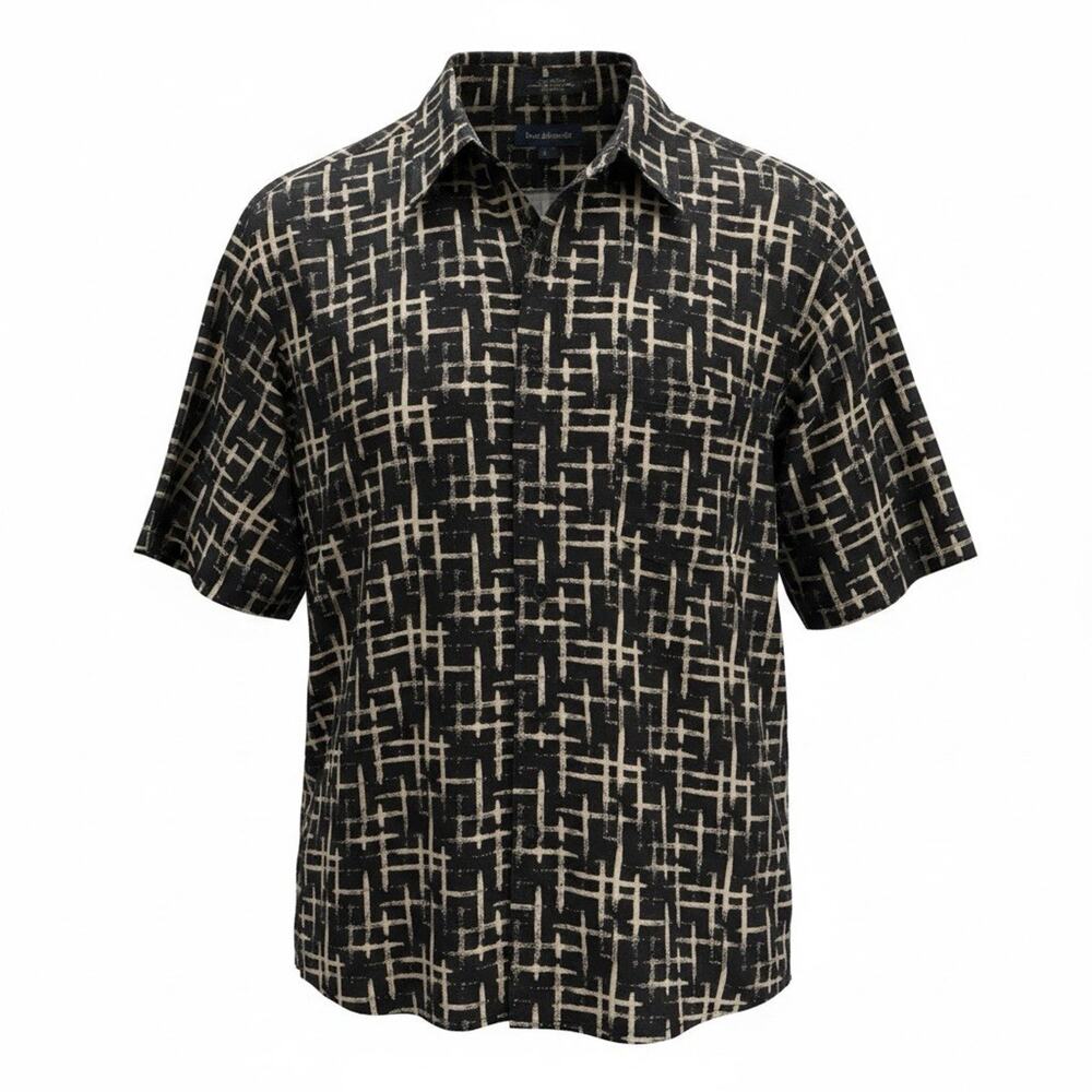 Marc Edward's Men's Geometric Black Brawn Camp Shirt Fun Party Light Large A144